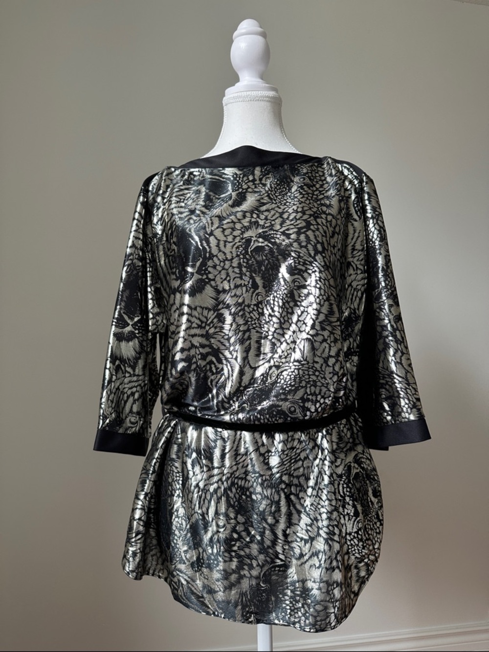 TRADITION Vintage Animal Print Metallic Boat Neck 3/4 Sleeve Belted Tunic Size S